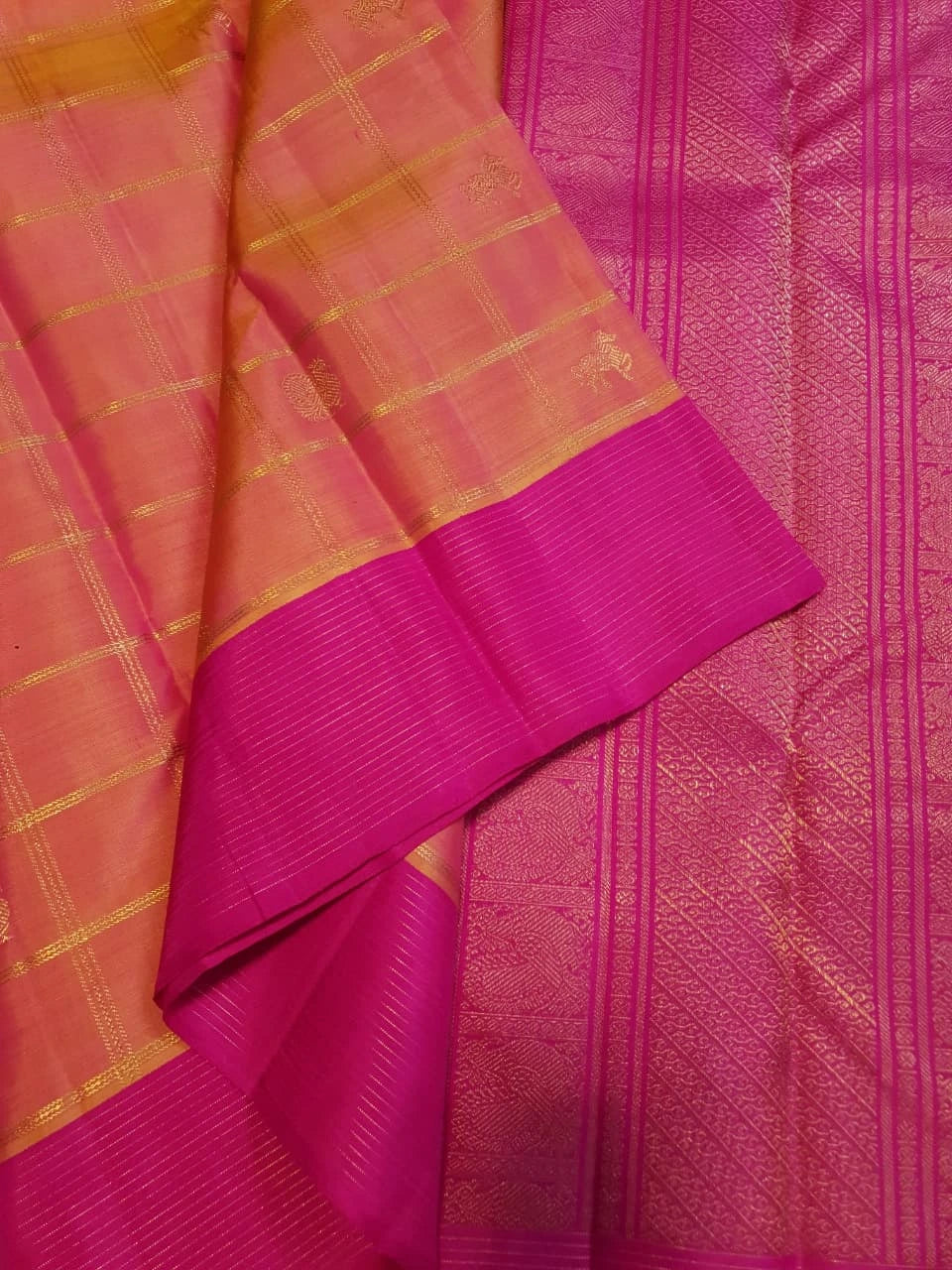 3G Pure Zari Kanjivaram Silk Saree in Orange Peach with Pink | Silkmark Certified