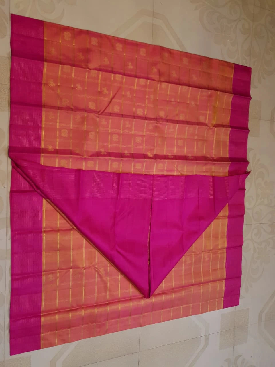 3G Pure Zari Kanjivaram Silk Saree in Orange Peach with Pink | Silkmark Certified