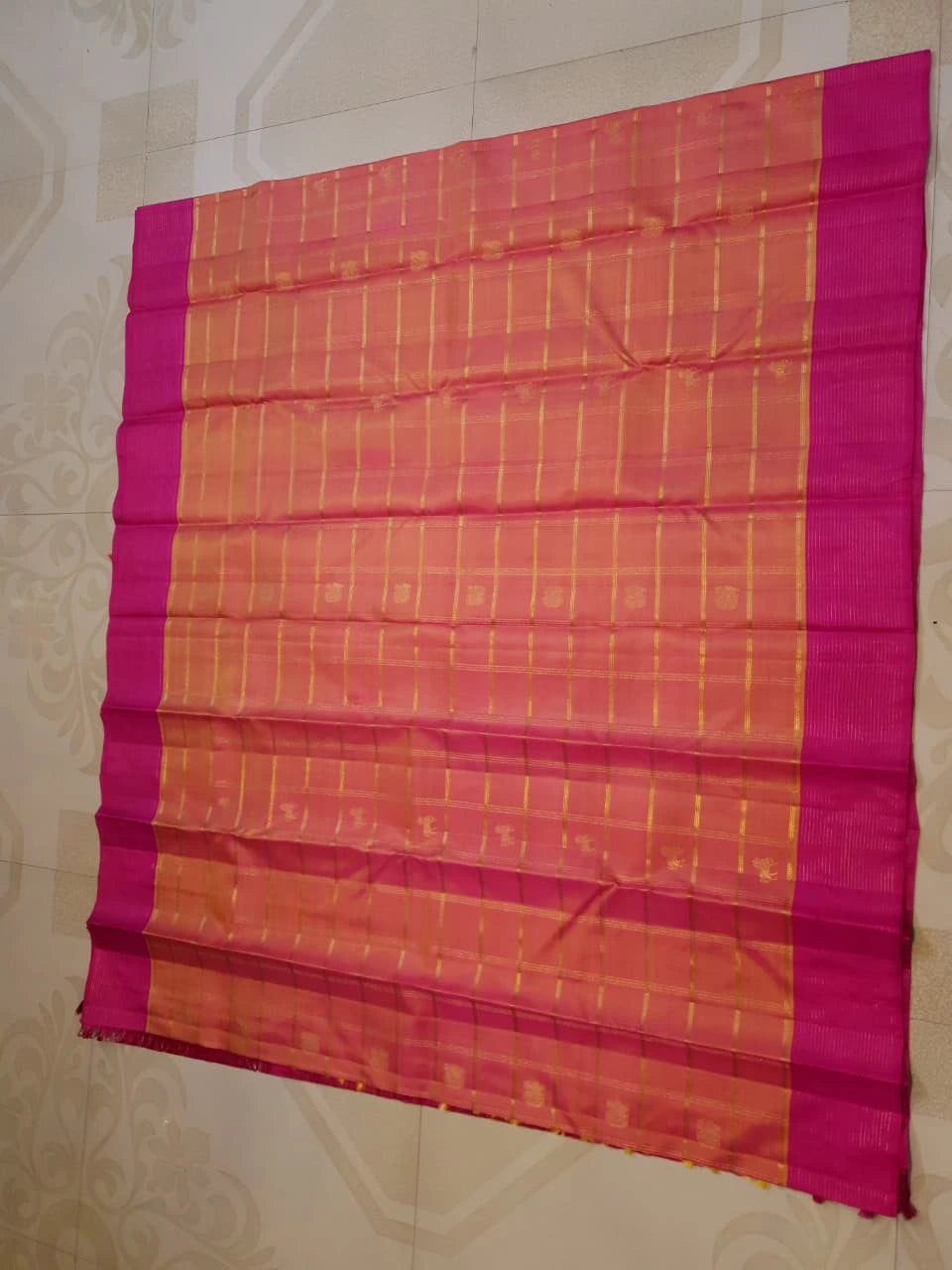 3G Pure Zari Kanjivaram Silk Saree in Orange Peach with Pink | Silkmark Certified