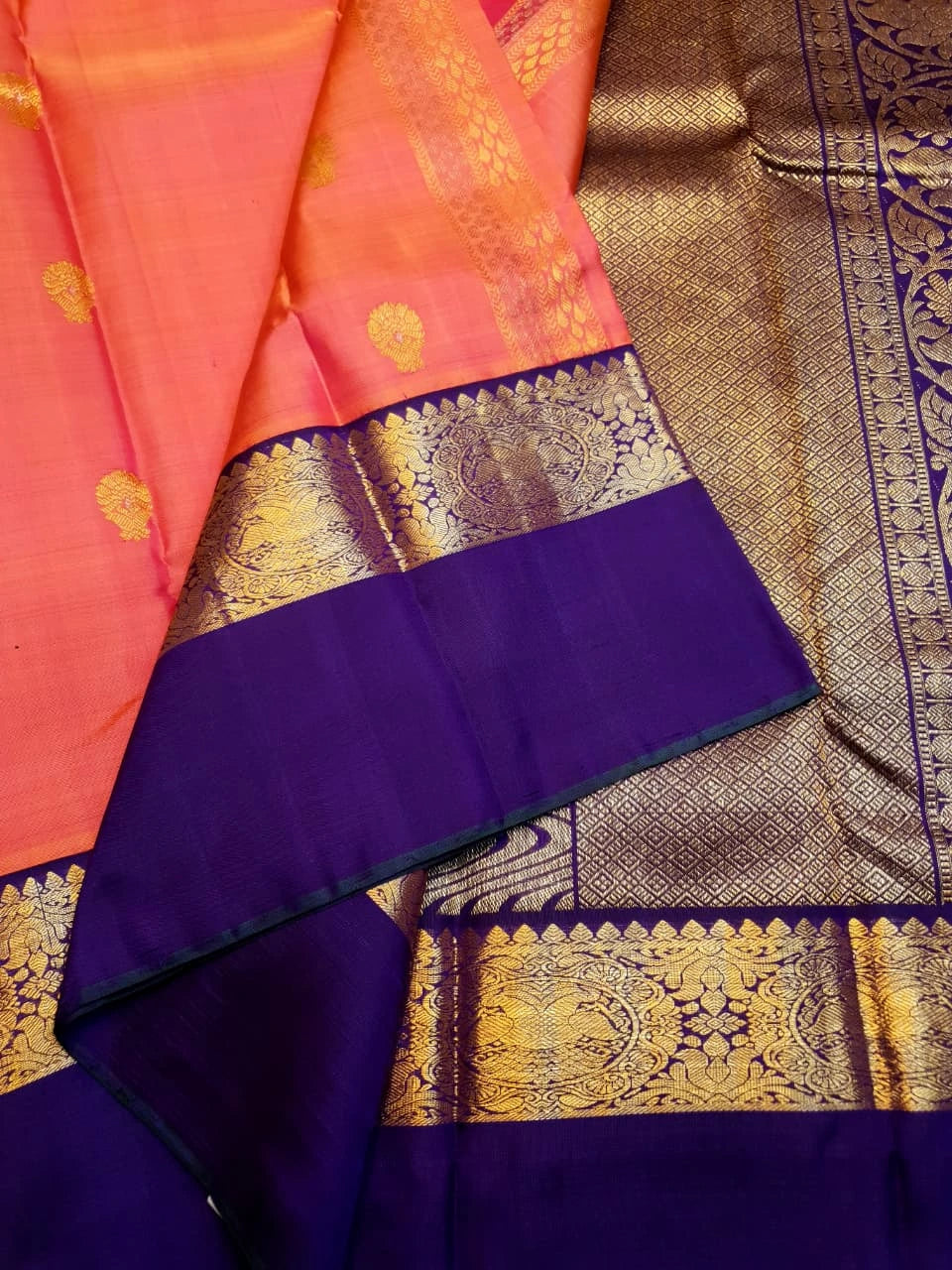 2G Pure Kanjivaram Silk Saree – Peach with Blue | Silkmark Certified