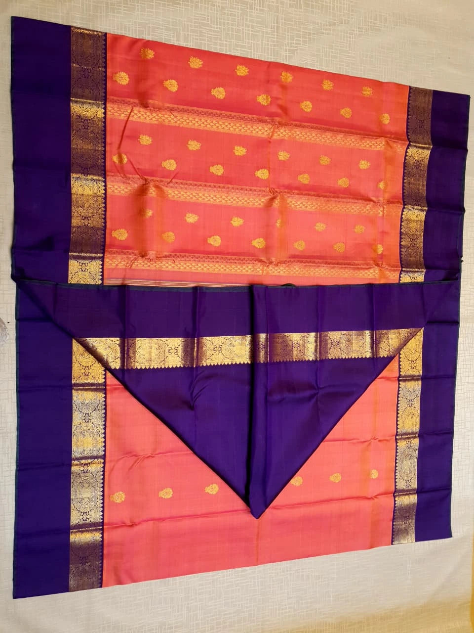 2G Pure Kanjivaram Silk Saree – Peach with Blue | Silkmark Certified