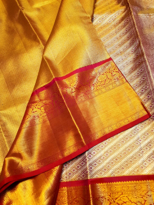 2G Pure Kanjivaram Silk Saree – Gold with Red Peacock Border | Silkmark Certified Celebrate timeles