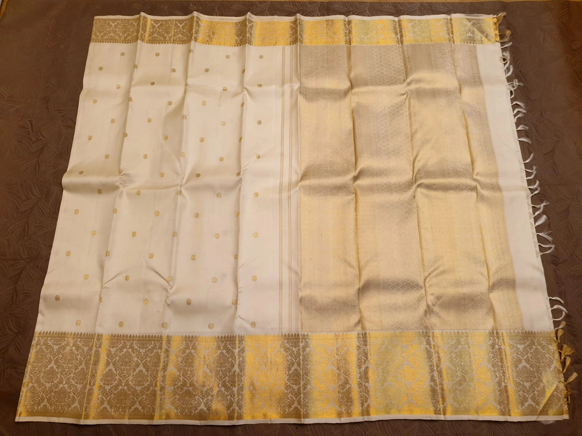 2G Pure Kanjivaram Silk Saree – Off White with Gold Zari | Silkmark Certified