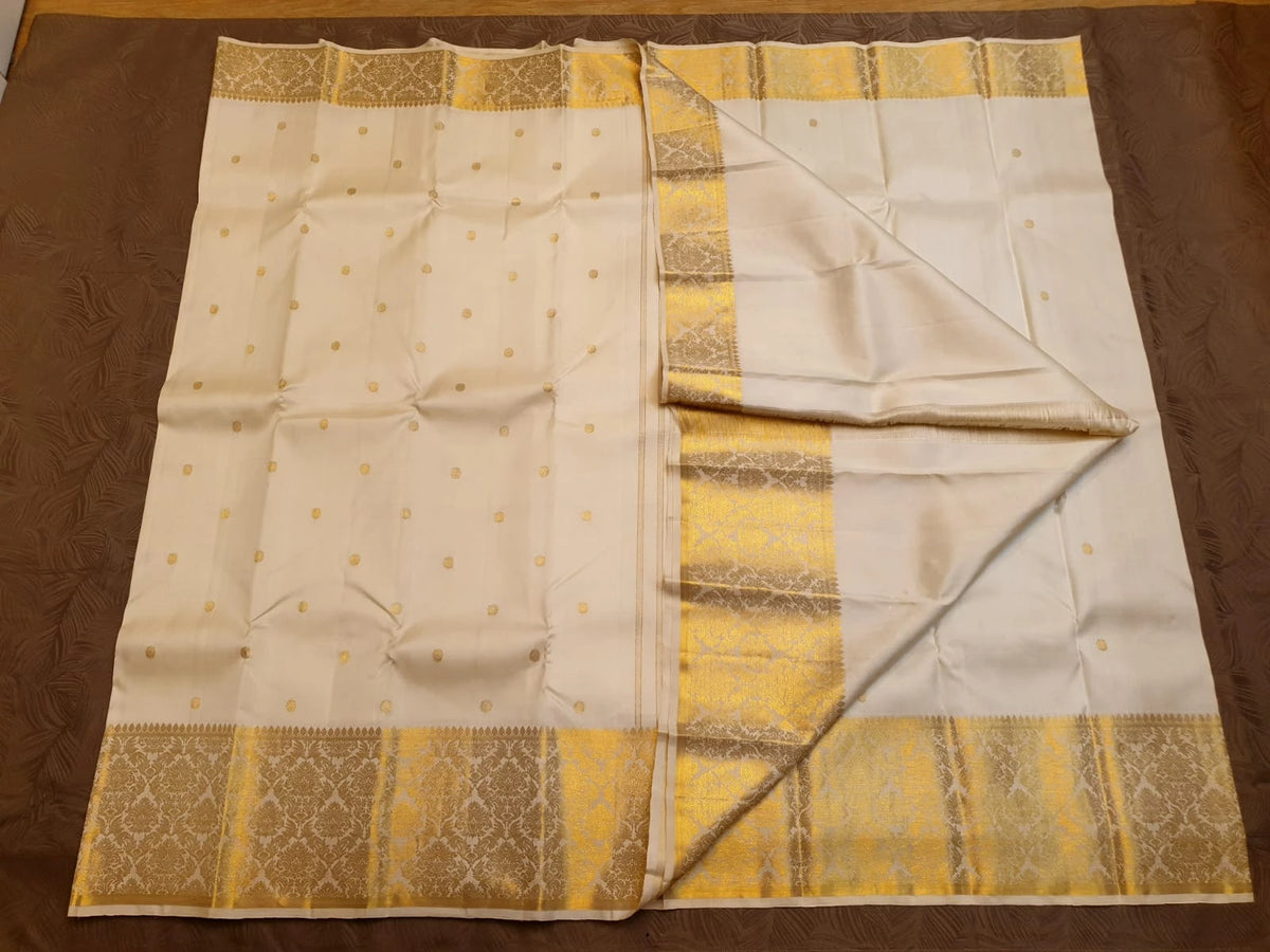 2G Pure Kanjivaram Silk Saree – Off White with Gold Zari | Silkmark Certified