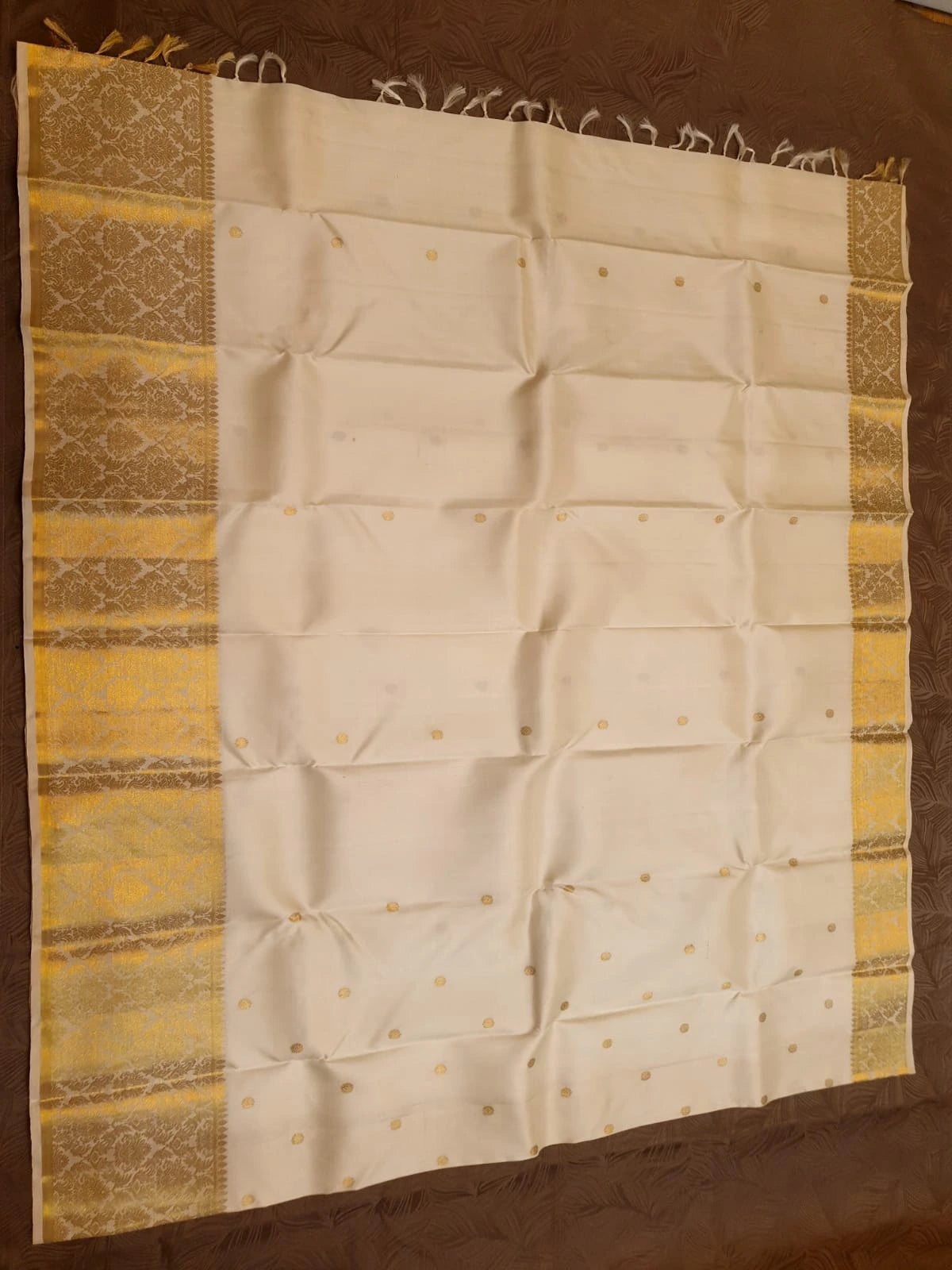2G Pure Kanjivaram Silk Saree – Off White with Gold Zari | Silkmark Certified