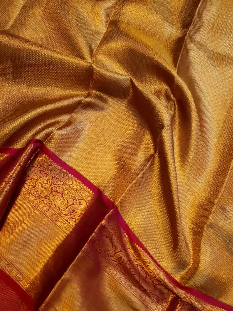 2G Pure Kanjivaram Silk Saree – Gold with Red Peacock Border | Silkmark Certified Celebrate timeles