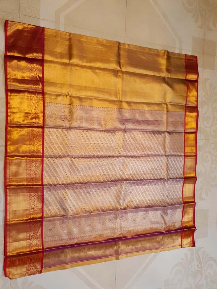 2G Pure Kanjivaram Silk Saree – Gold with Red Peacock Border | Silkmark Certified Celebrate timeles