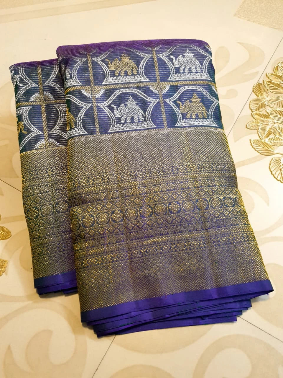 2G Pure Kanjivaram Silk Saree - Royal Blue with Gold and Silver Elephant Motifs