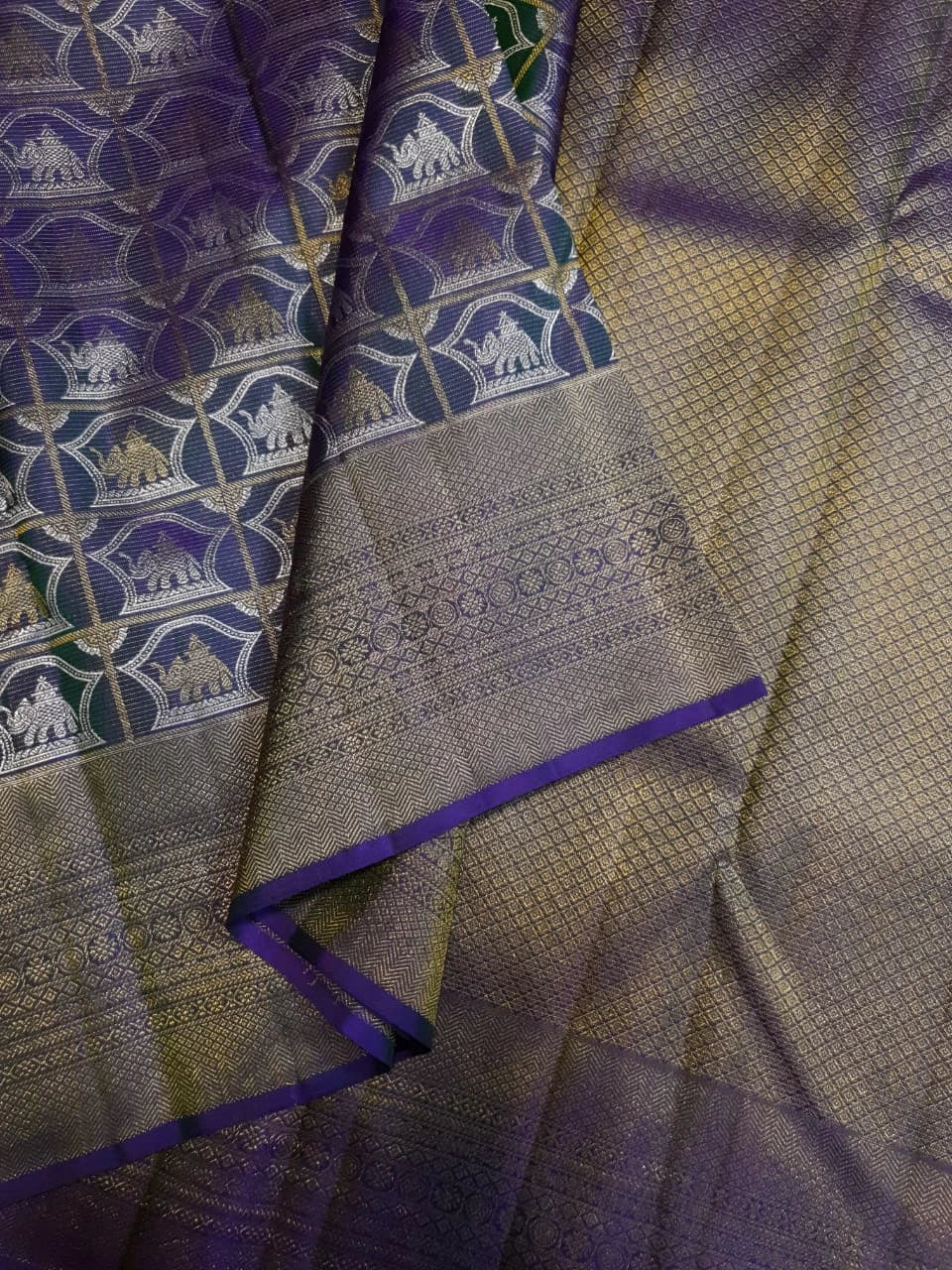 2G Pure Kanjivaram Silk Saree - Royal Blue with Gold and Silver Elephant Motifs