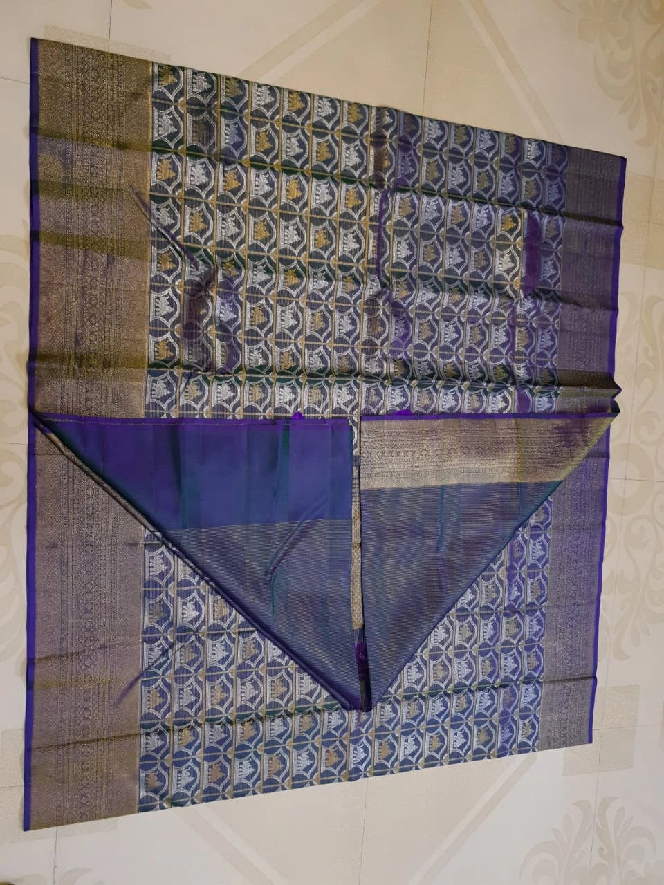 2G Pure Kanjivaram Silk Saree - Royal Blue with Gold and Silver Elephant Motifs