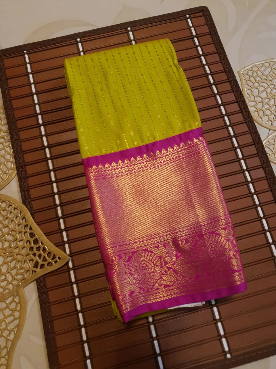 Semi Silk Saree - Green with Pink Border