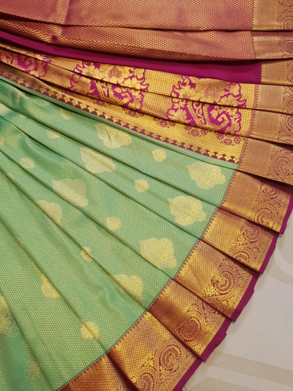 Bridal Semi Silk Saree - Pastel Green with Pink Border