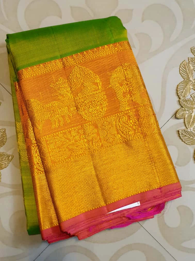 2G Pure Kanjivaram Silk Saree - Parrot Green | Silkmark Certified