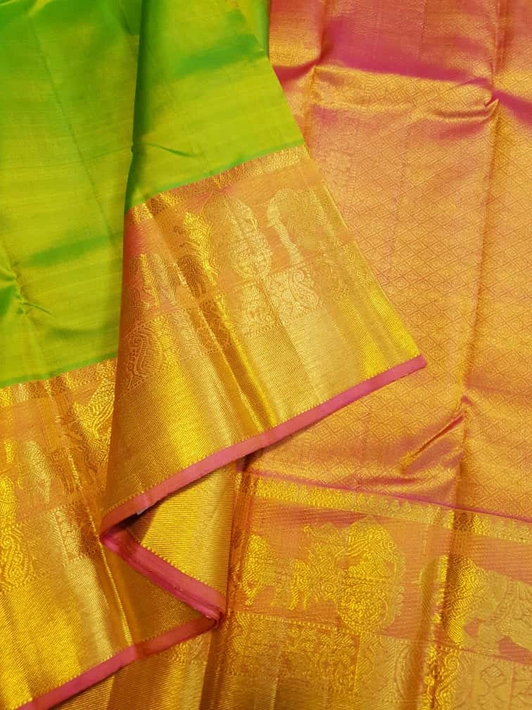 2G Pure Kanjivaram Silk Saree - Parrot Green | Silkmark Certified
