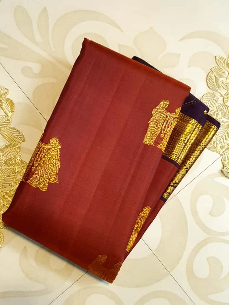2G Pure Kanjivaram Silk Saree in rustic Brown and Gold Zari Border | Silkmark Certified
