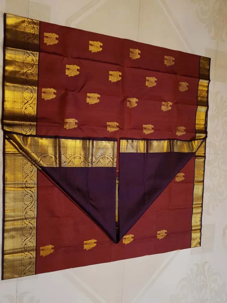 2G Pure Kanjivaram Silk Saree in rustic Brown and Gold Zari Border | Silkmark Certified