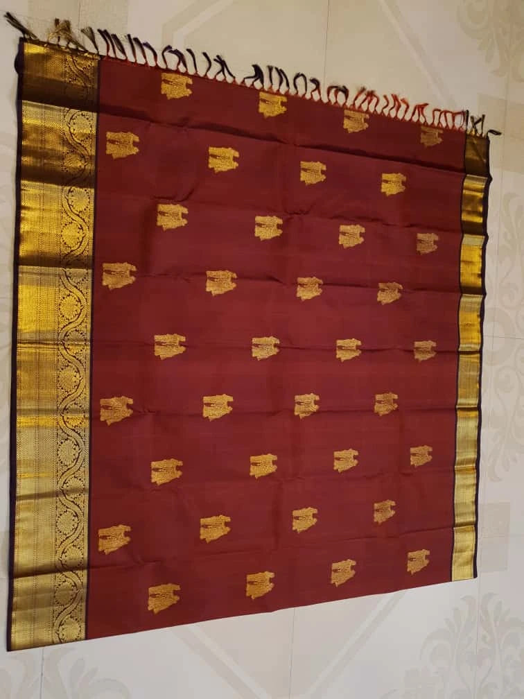 2G Pure Kanjivaram Silk Saree in rustic Brown and Gold Zari Border | Silkmark Certified