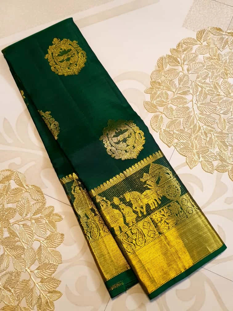 2G Pure Kanjivaram Silk Saree in Dark Green with Gold Pallakku Border | Silkmark Certified