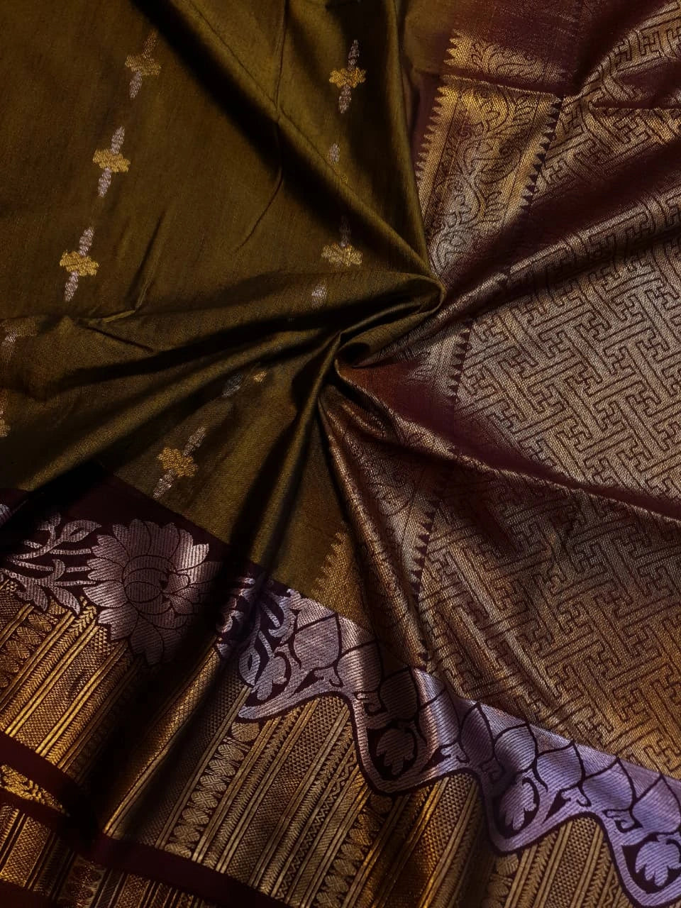 Slubby Soft Semi Silk Saree - Mustard Olive Green
