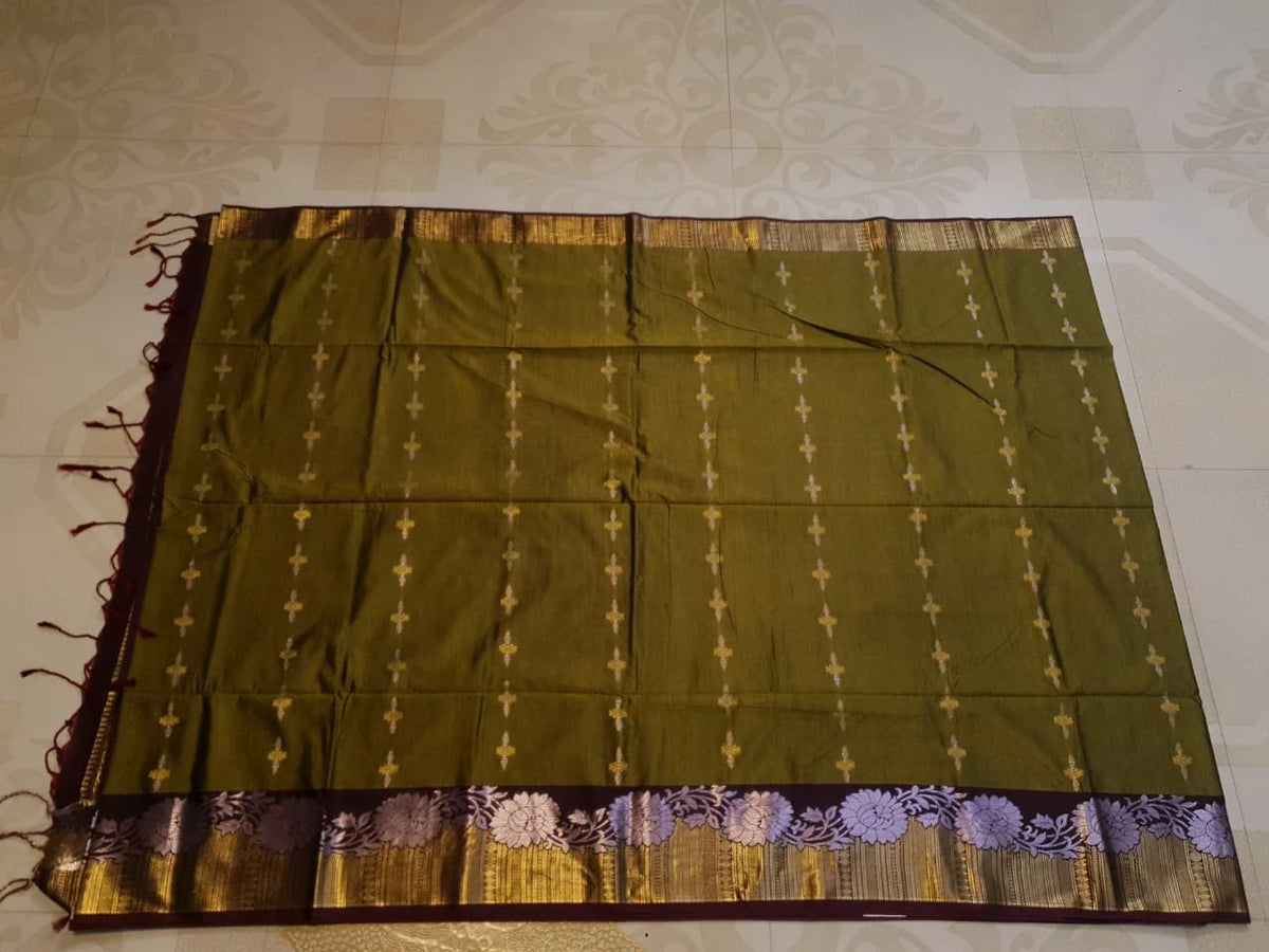 Slubby Soft Semi Silk Saree - Mustard Olive Green