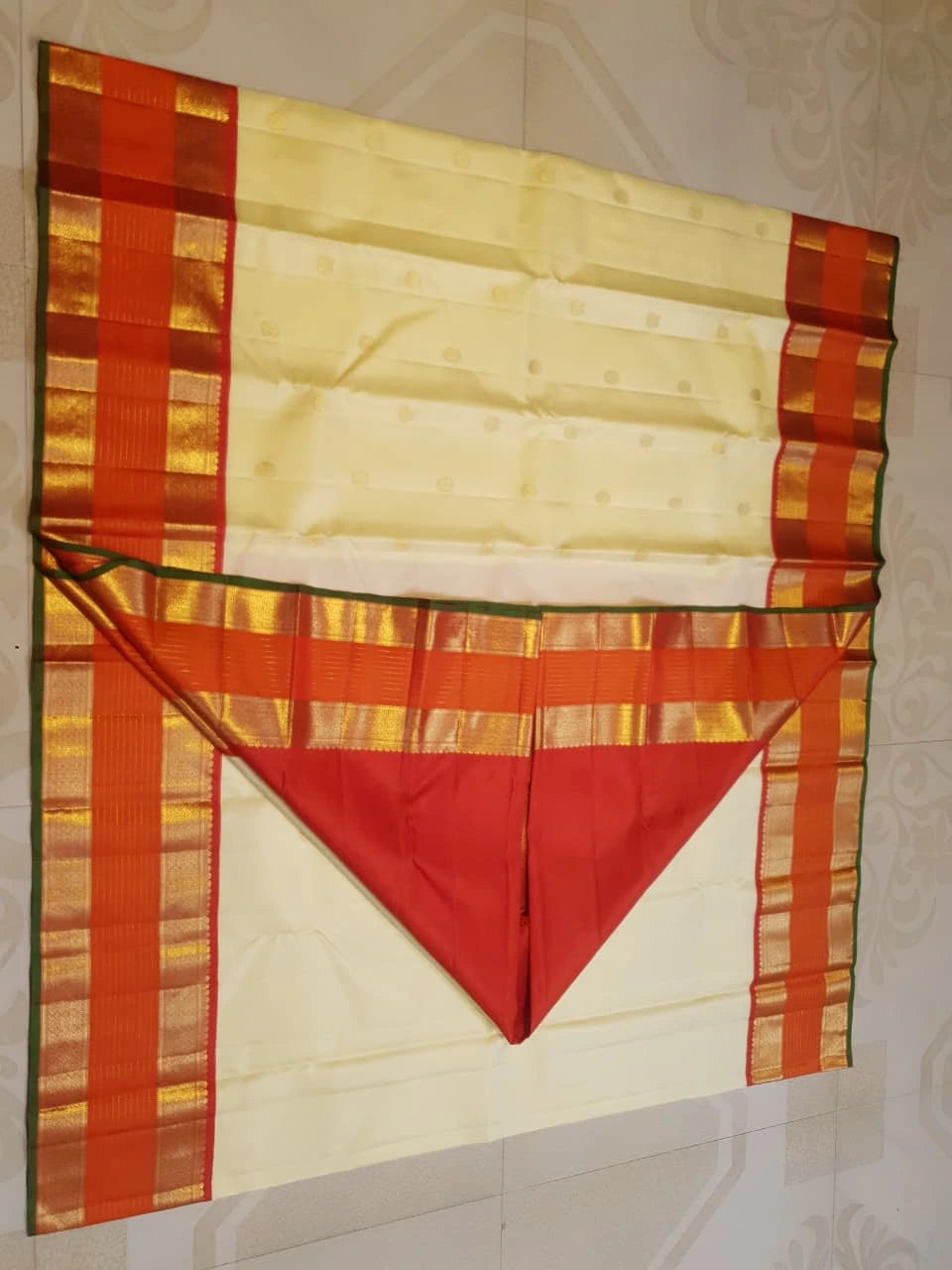 2G Pure Korvai Kanjivaram Silk Saree in Off White with Orange | Silkmark Certified