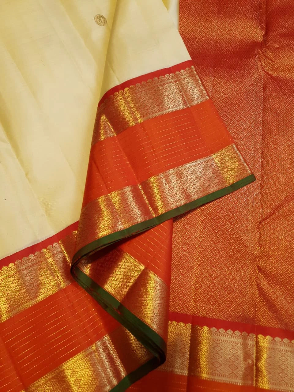 2G Pure Korvai Kanjivaram Silk Saree in Off White with Orange | Silkmark Certified