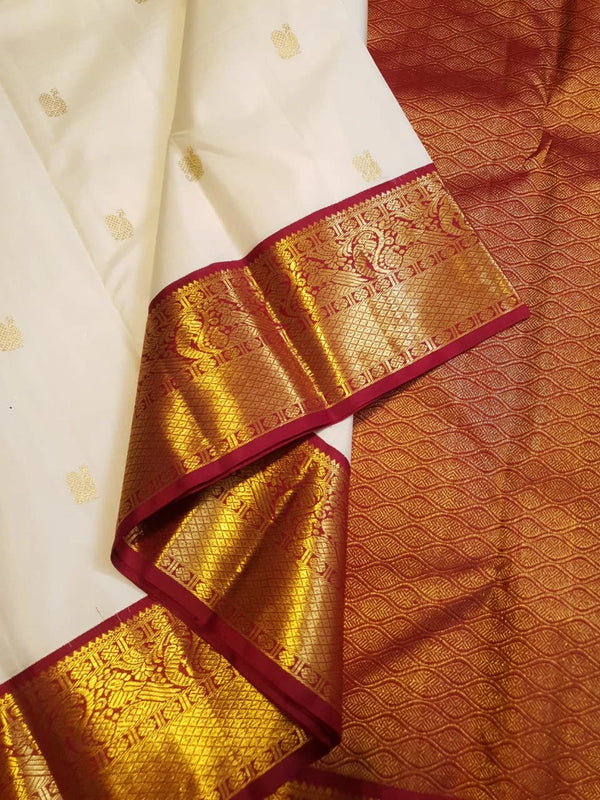 2G Pure Korvai Kanjivaram Silk Saree in Off-White with Maroon Contrast Peacock Border | Silkmark Certified