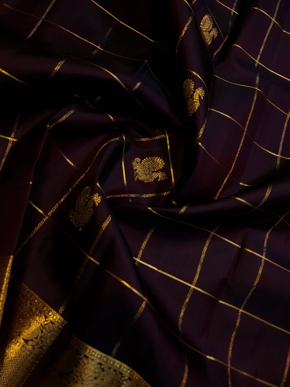 2G Pure Kanjivaram Silk Saree in Deep Brown with Rich Gold Zari Checks, Peacock & Chakram Buttas and Grand Zari Border | Silkmark Certified