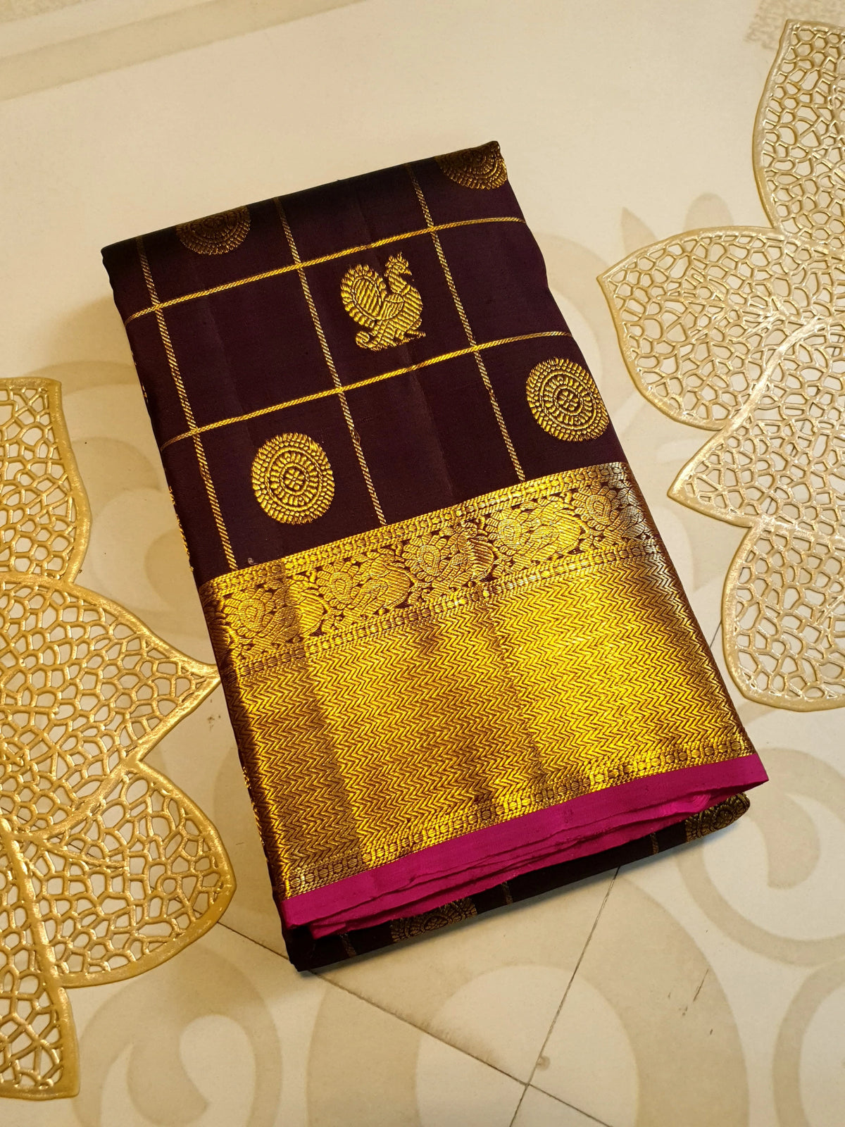 2G Pure Kanjivaram Silk Saree in Deep Brown with Rich Gold Zari Checks, Peacock & Chakram Buttas and Grand Zari Border | Silkmark Certified