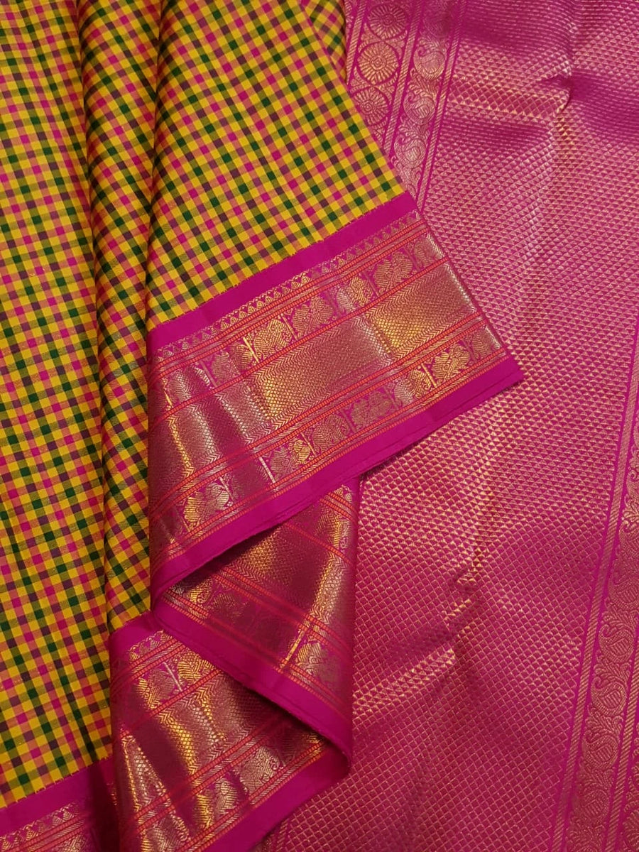 3G Korvai Pure Kanjivaram Silk Saree in Paalum Pazham Checks with Rich Zari Pallu & Blouse | Silkmark Certified