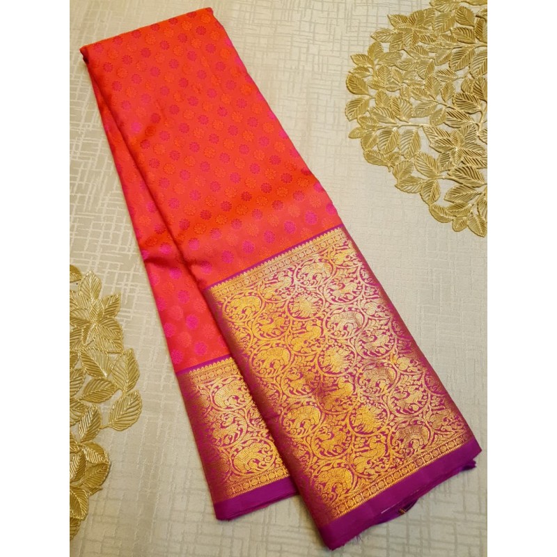 Pure Kanjivaram Silk Saree  - Pink With Orange