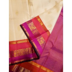 Pure Kanjivaram Silk Saree Korvai  - off white with pink