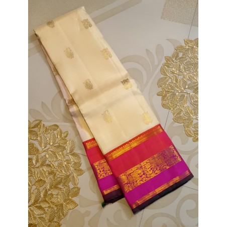 Pure Kanjivaram Silk Saree Korvai  - off white with pink