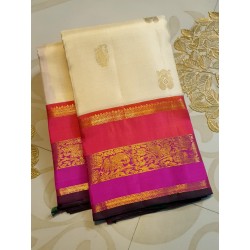 Pure Kanjivaram Silk Saree Korvai  - off white with pink