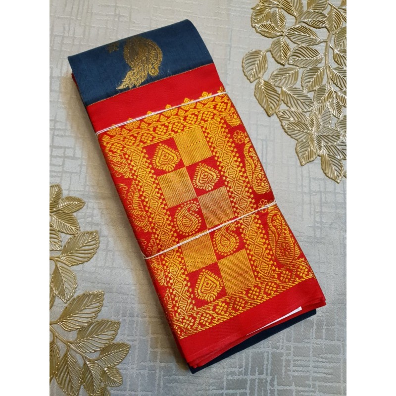 Premium Silkcotton Sarees with Peacock Blue with Chilli Red