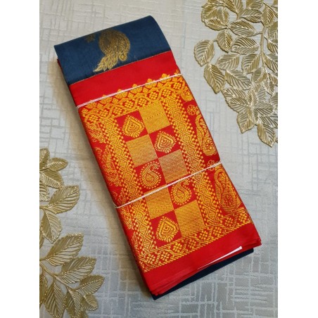 Premium Silkcotton Sarees with Peacock Blue with Chilli Red