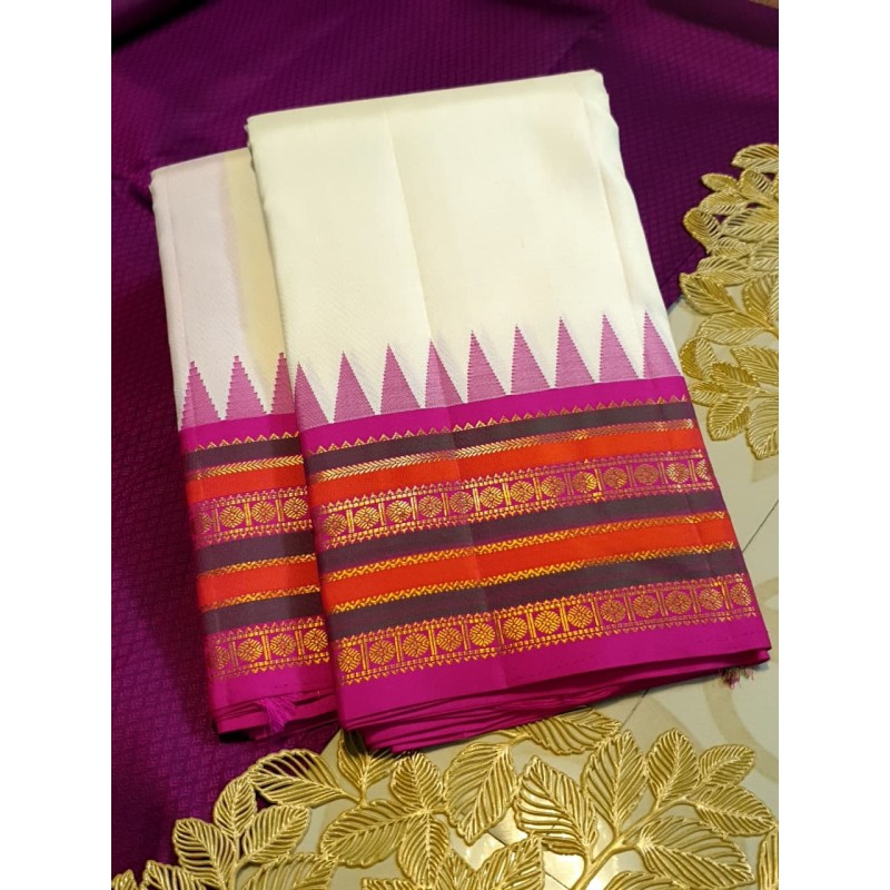 Pure Korvai Kanjivaram Silk Saree  - White With Pink