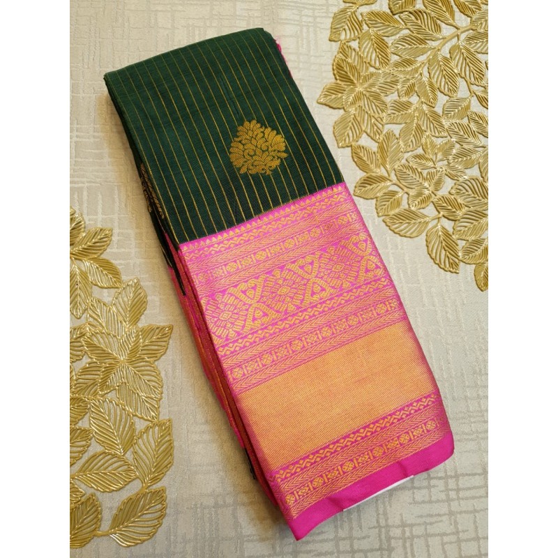 Semi Silk  Saree Korvai - Dark Green