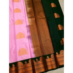 Semi Silk  Saree Korvai - Pink With Dark Green
