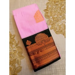 Semi Silk  Saree Korvai - Pink With Dark Green