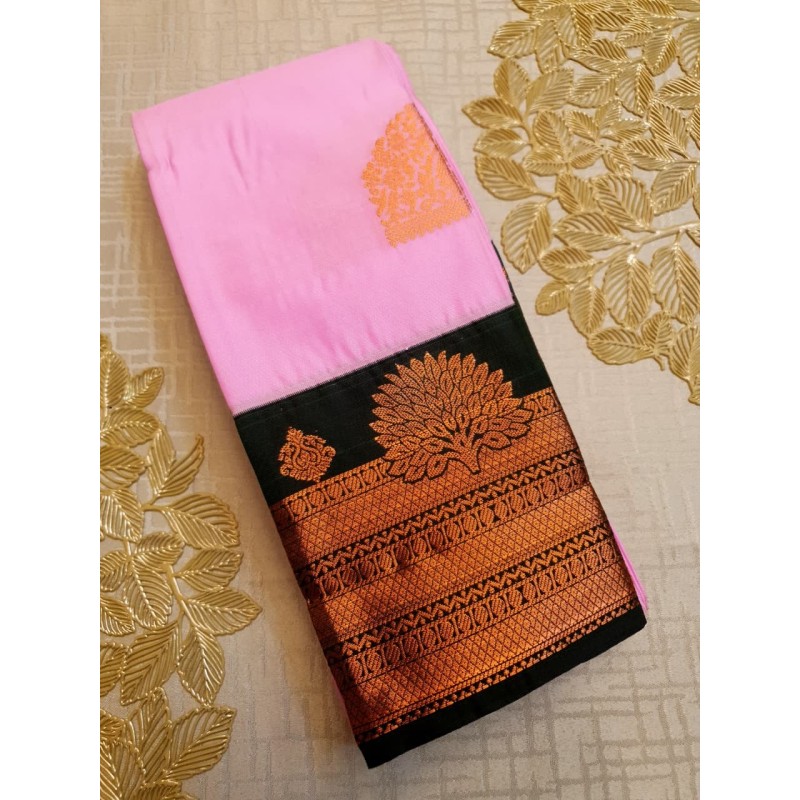 Semi Silk  Saree Korvai - Pink With Dark Green