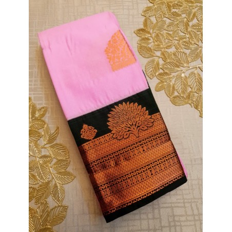 Semi Silk  Saree Korvai - Pink With Dark Green