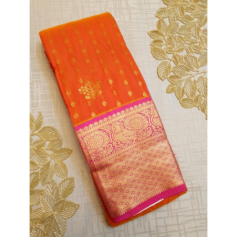 Semi Silk  Saree Korvai - Orange With Yellow
