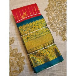 Premium Silkcotton Sarees with Chilli red Body with bottle Green border ,pallu, Blouse