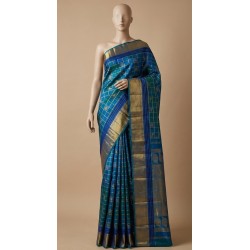 3Gram Pure Zari Kanjivaram Silk Saree - Peacock Blue-checks - Kattam