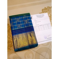 3Gram Pure Zari Kanjivaram Silk Saree - Peacock Blue-checks - Kattam