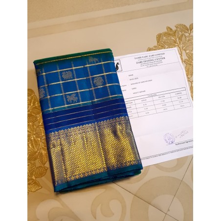 3Gram Pure Zari Kanjivaram Silk Saree - Peacock Blue-checks - Kattam