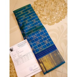 3Gram Pure Zari Kanjivaram Silk Saree - Peacock Blue-checks - Kattam