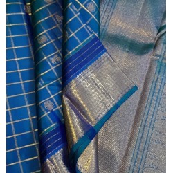 3Gram Pure Zari Kanjivaram Silk Saree - Peacock Blue-checks - Kattam