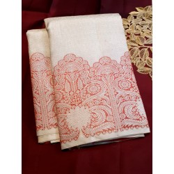 Pure Kanjivaram Silk Saree  - White With Red